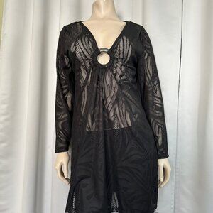 Aruba Blue Black Long Sleeve O Ring Mesh Cover-Up dress Size Medium